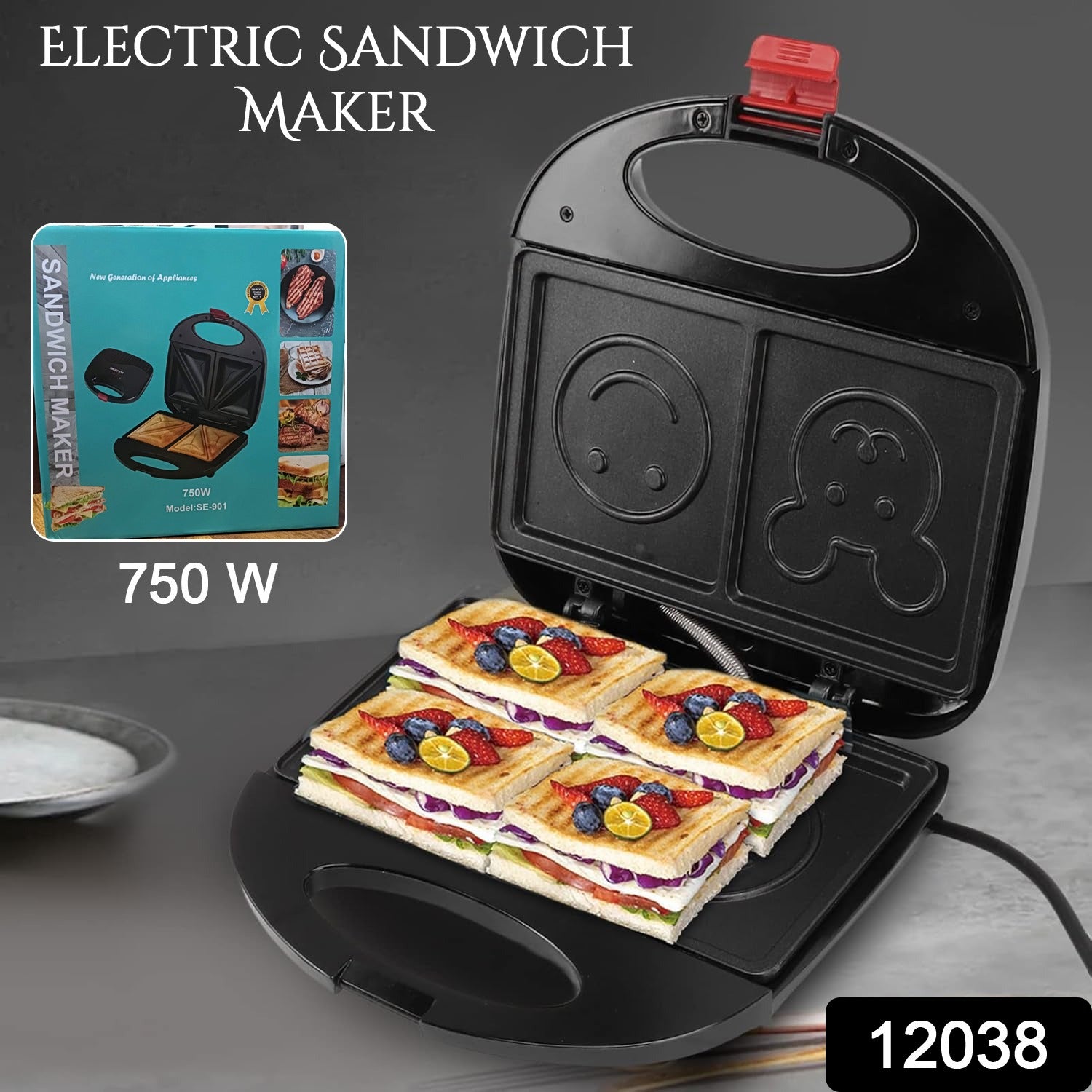 Double Sided Heating 750w Electric Sandwich Maker (1 Pc) Double Sided Heating 750w Electric Sandwich Maker (1 Pc)